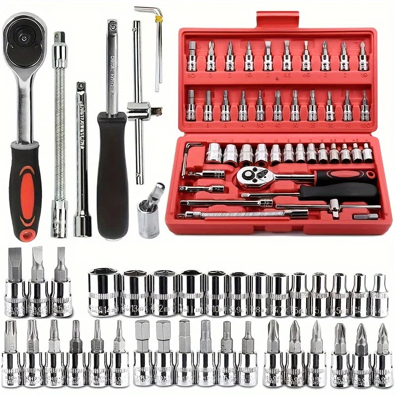 Kit Ferramentas 46 Peças - Jogo Soquetes e Chave Catraca Reversível