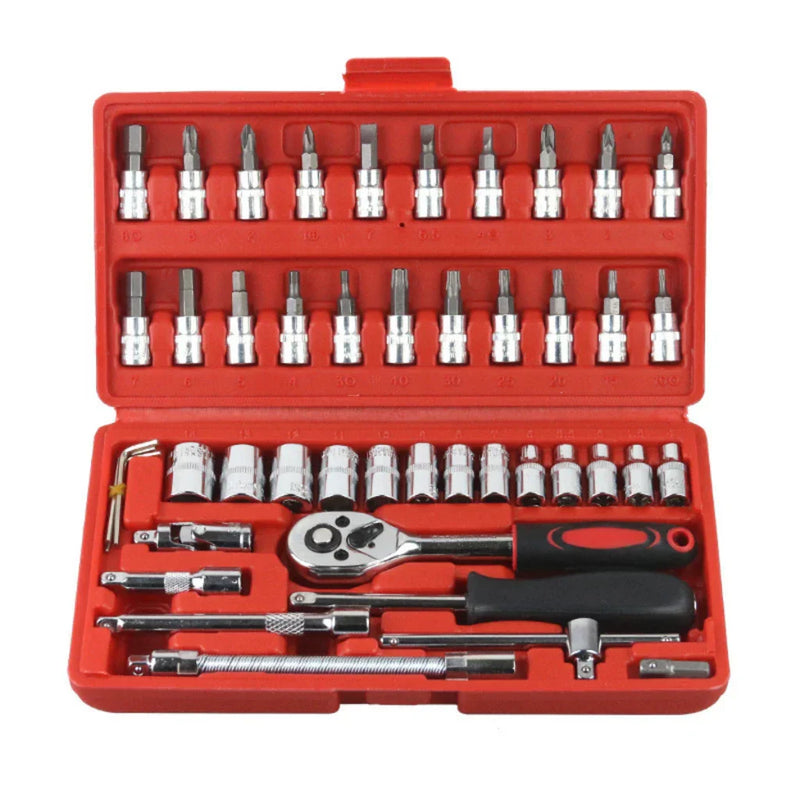 Kit Ferramentas 46 Peças - Jogo Soquetes e Chave Catraca Reversível