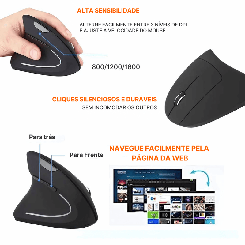 Mouse Ergonômico Sem Fio ErgoWave Pro Com Conexão 2.4GHz e Bluetooth