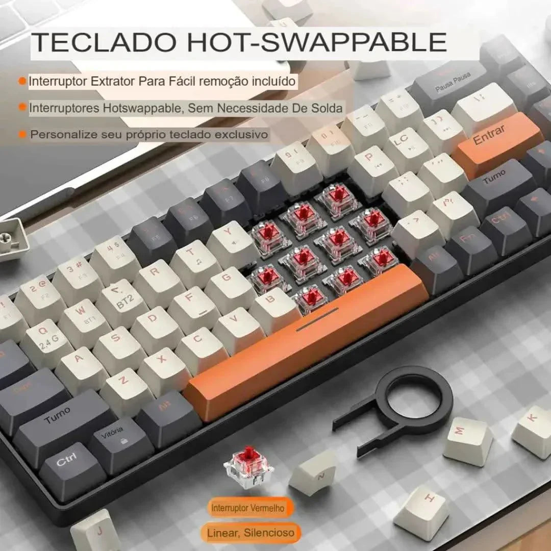 Teclado Wireless Compacto K68 DualMode Com Bluetooth e Hot-Swappable