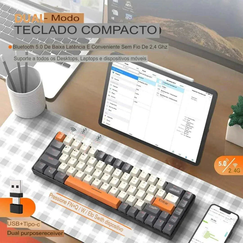 Teclado Wireless Compacto K68 DualMode Com Bluetooth e Hot-Swappable