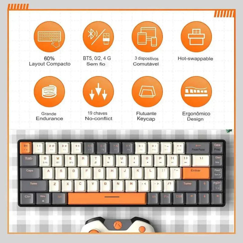 Teclado Wireless Compacto K68 DualMode Com Bluetooth e Hot-Swappable