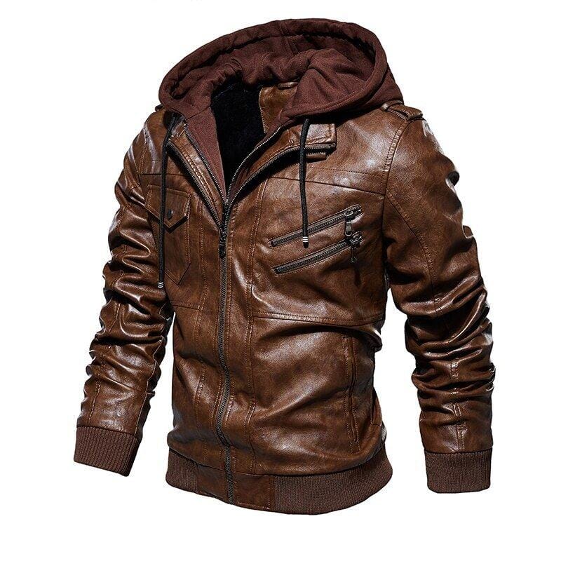 Jaqueta de Couro Masculina com Capuz Removível
