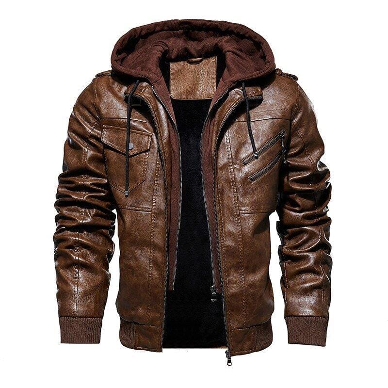 Jaqueta de Couro Masculina com Capuz Removível