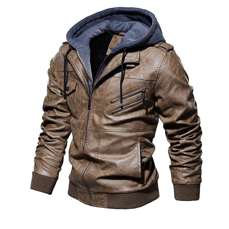 Jaqueta de Couro Masculina com Capuz Removível